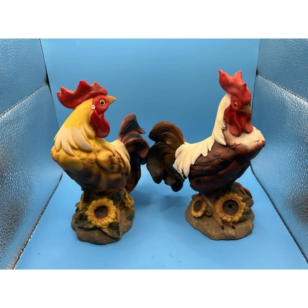 Vintage‎ Set/2 Rooster Figurines• Resin Sunflowers Country Farmhouse Decor